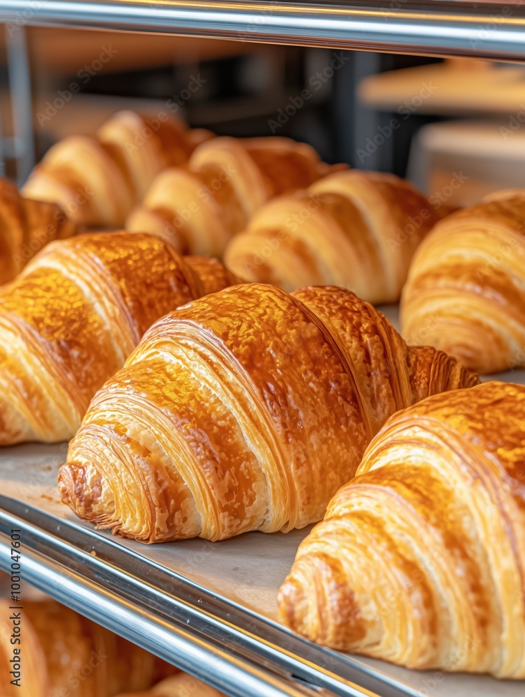 Fresh Golden Croissants in Busy Bakery - Low Angle, Wide Depth Fresh Golden Croissants in Busy Bakery - Low Angle, Wide Depth