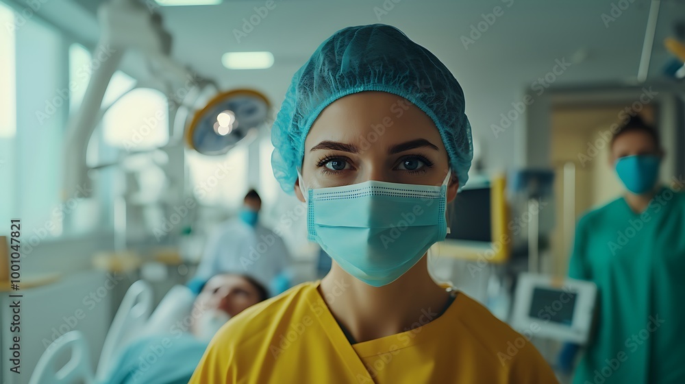 A portrait of a doctor wearing a face mask while treating a patient in a hospital during the day. A portrait of a doctor wearing a face mask while treating a patient in a hospital during the day.