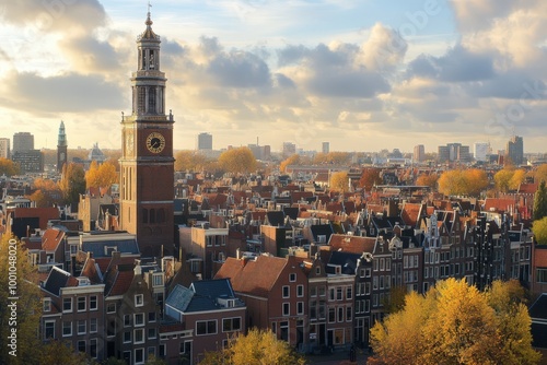 Stunning autumn cityscape of amsterdam with historic architecture