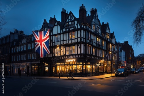 Illuminated historic tudor-style buildings with union jack flag at night