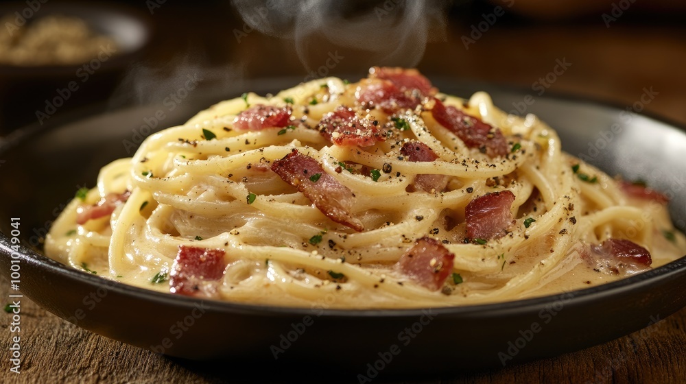 A dynamic shot of a steaming plate of spaghetti carbonara, with crispy pancetta, creamy sauce, and a generous amount of black pepper, served in a rustic setting. A dynamic shot of a steaming plate of spaghetti carbonara, with crispy pancetta, creamy sauce, and a generous amount of black pepper, served in a rustic setting.