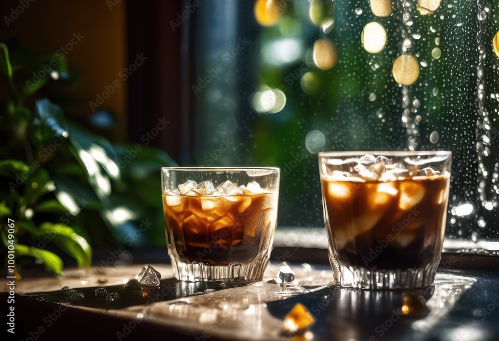 chilled iced coffee bright glass surrounded capturing essence refreshment coolness, condensation, drink, beverage, cold, vibrant, color, summer, refreshing chilled iced coffee bright glass surrounded capturing essence refreshment coolness, condensation, drink, beverage, cold, vibrant, color, summer, refreshing