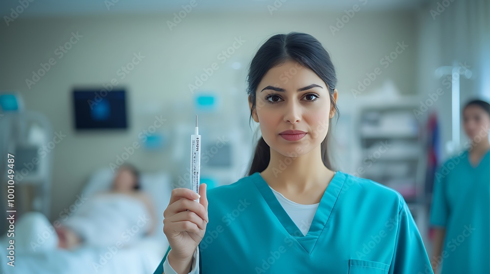 A portrait of a nurse holding a thermometer, ready to check the temperature of a patient in a hospital ward. A portrait of a nurse holding a thermometer, ready to check the temperature of a patient in a hospital ward.