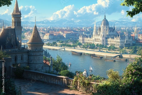Scenic view of historic city skyline with ornate architecture and boats on river