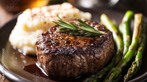 A gourmet steak dinner featuring a beautifully seared filet mignon, garnished with rosemary and served with mashed potatoes and steamed asparagus.