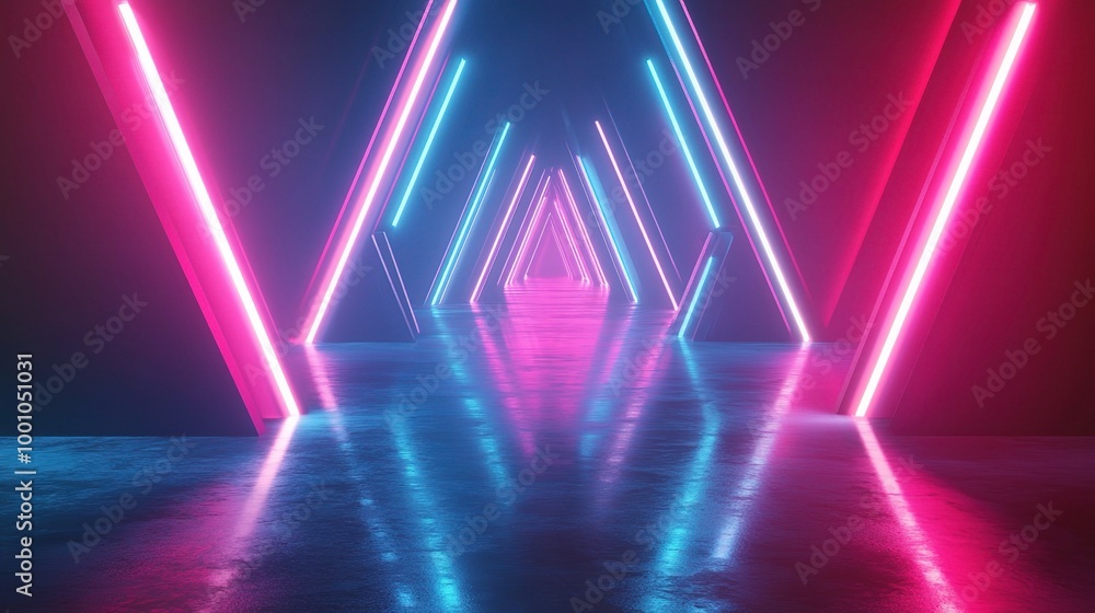 Fototapeta premium Neon Light Tunnel with Vibrant Colors and Reflection