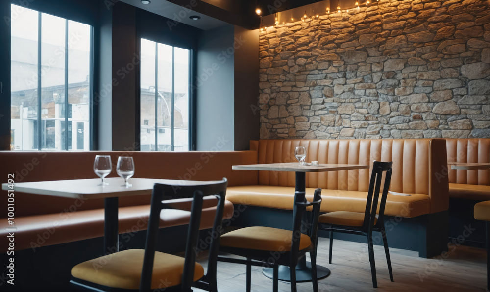 A cozy dining area with a leather booth, stone wall, and two glasses on the table A cozy dining area with a leather booth, stone wall, and two glasses on the table