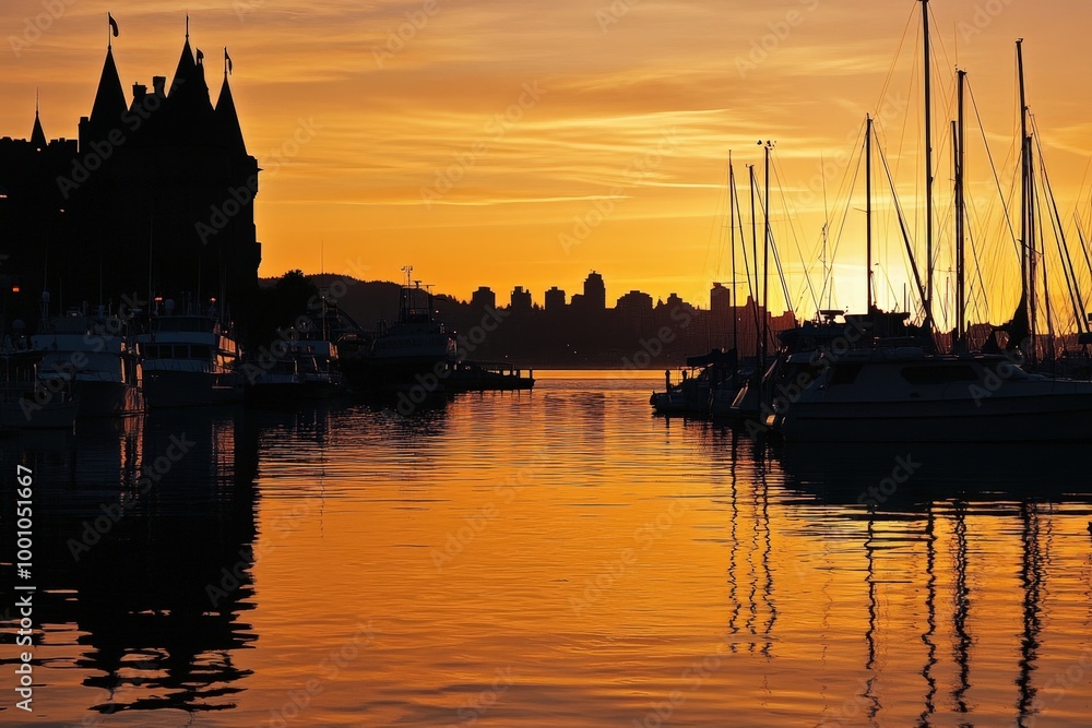 Fototapeta premium Stunning sunset over a harbor with sailboats