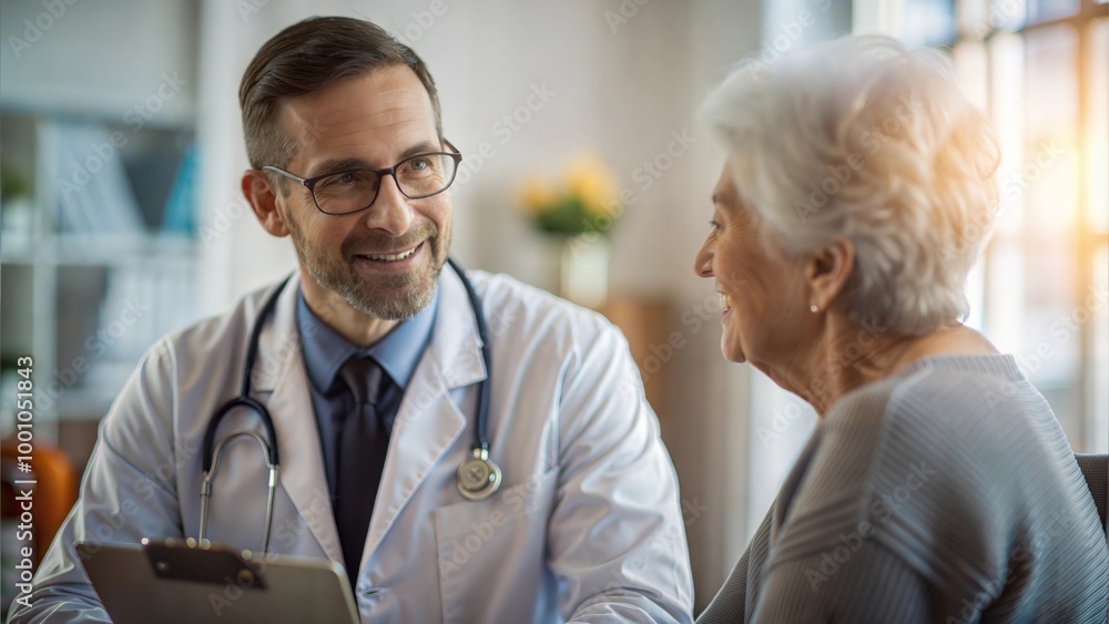 Caring man doctor talking and consult satisfied elderly female patient at clinic , doc doing regular checkup consultation to senior woman client Caring man doctor talking and consult satisfied elderly female patient at clinic , doc doing regular checkup consultation to senior woman client