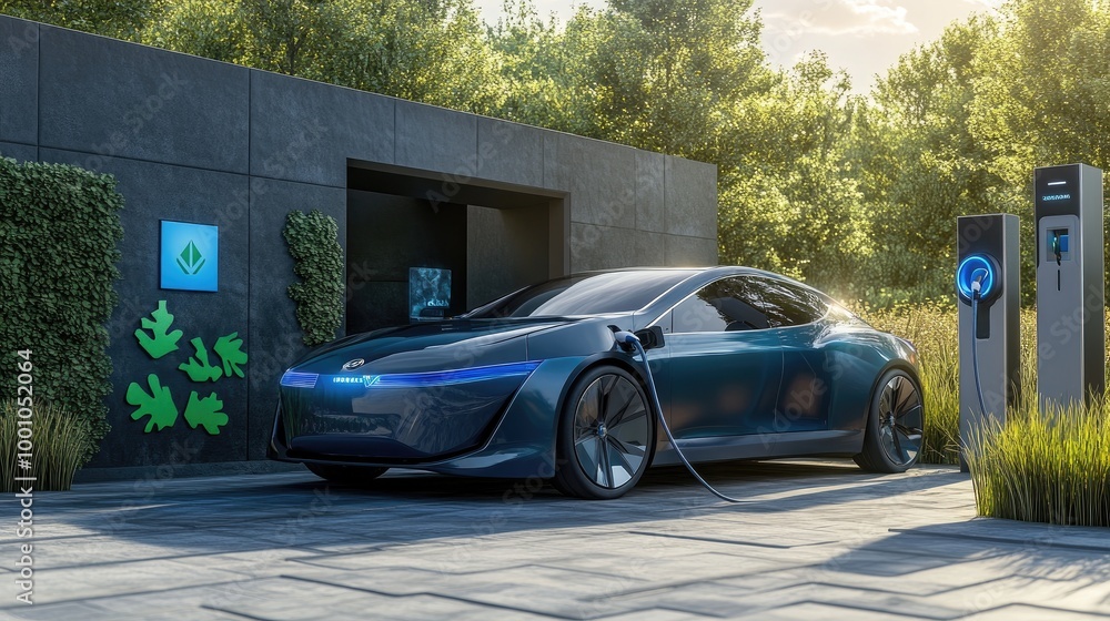 3D rendering of a hydrogen-powered car parked next to a charging station with green energy logos, emphasizing renewable energy and zero emissions 3D rendering of a hydrogen-powered car parked next to a charging station with green energy logos, emphasizing renewable energy and zero emissions