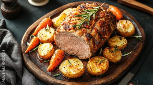 A high-resolution image of a delicious pork roast with crispy skin, garnished with rosemary and served with roasted potatoes and carrots on a rustic platter.