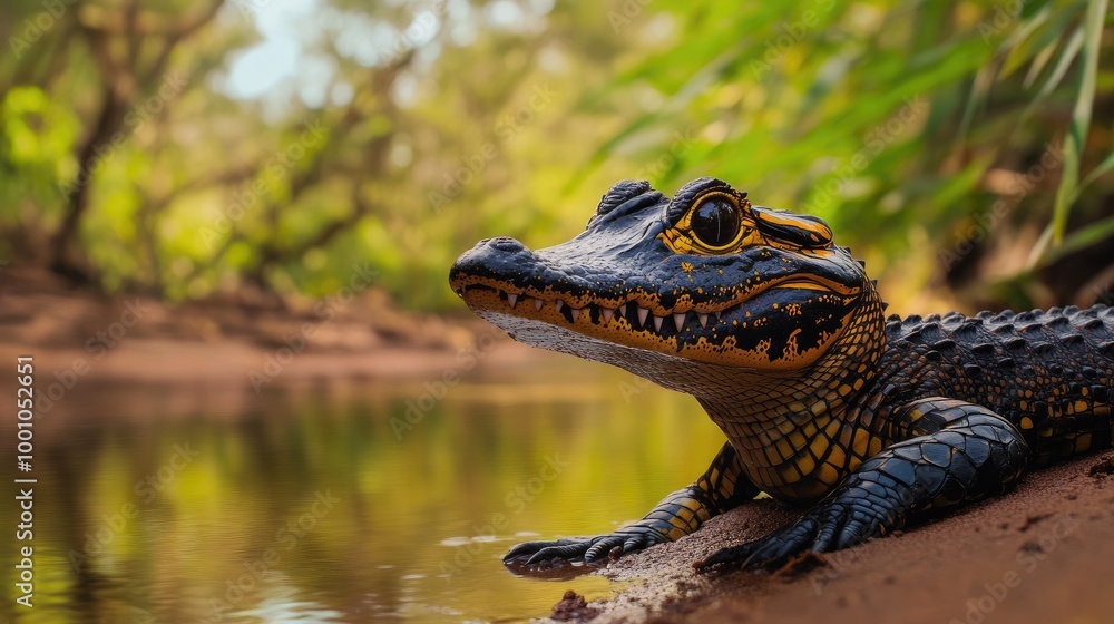 A baby crocodile dressed in traditional Aboriginal Australian body paint, resting by a calm riverbank. Its bright and curious eyes reflect the natural surroundings. A baby crocodile dressed in traditional Aboriginal Australian body paint, resting by a calm riverbank. Its bright and curious eyes reflect the natural surroundings.