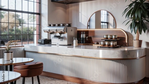 Contemporary Coffee Shop Interior Featuring a Glossy Ivory Round Counter, Warm Relaxing Tones, and Minimalist Decor for a Cozy Atmosphere.