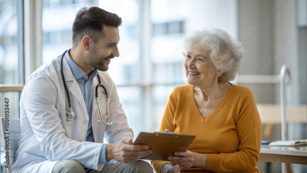 Obraz premium Caring man doctor talking and consult satisfied elderly female patient at clinic , doc doing regular checkup consultation to senior woman client