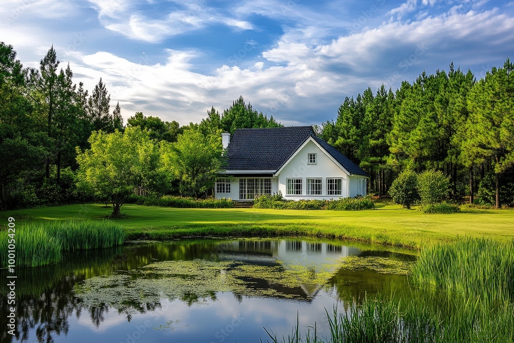 Peaceful country house surrounded by lush green landscape Peaceful country house surrounded by lush green landscape