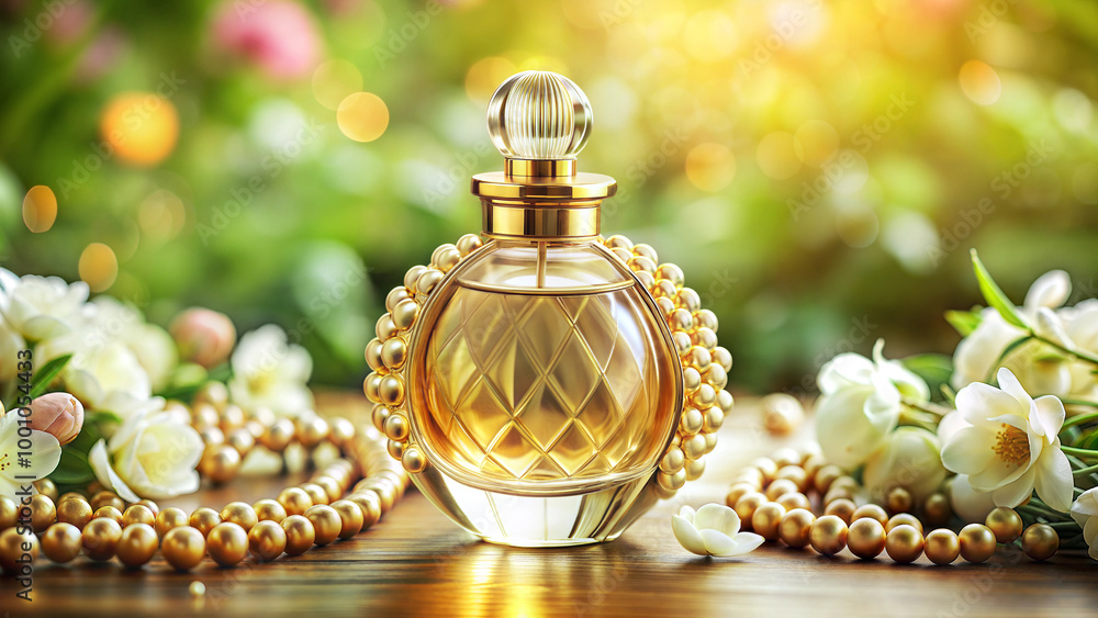 Luxury perfume bottle with golden beads and jasmine flowers, green blurred background. Luxury perfume bottle with golden beads and jasmine flowers, green blurred background.