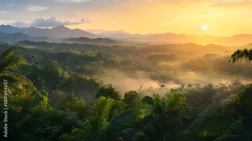 Golden Sunset Illuminates Lush Tropical Forest and Mountains Golden Sunset Illuminates Lush Tropical Forest and Mountains