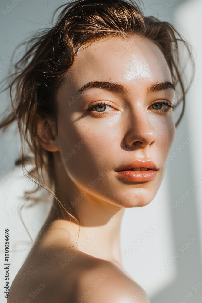 Naklejka premium Radiant glowing skin beauty shot natural dewy fresh hydrated flawless sunlight golden hour soft focus self-care aesthetic minimal elegant close-up