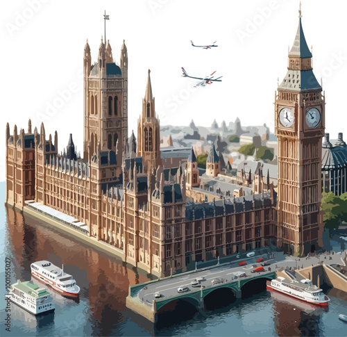  Famous British Clock Tower Big Ben Isolate Vector Illustration
