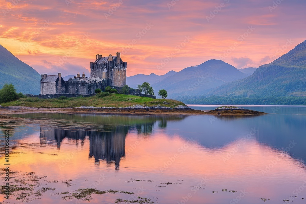 Dramatic sunset over a medieval castle on a lake Dramatic sunset over a medieval castle on a lake