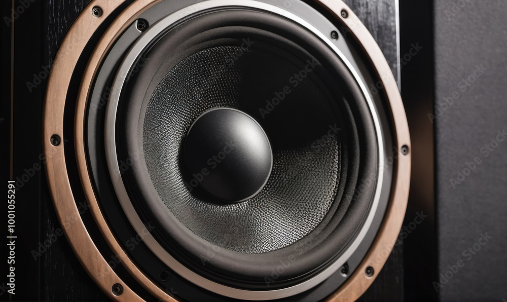 A close-up shot of a speaker cone with a wooden surround A close-up shot of a speaker cone with a wooden surround