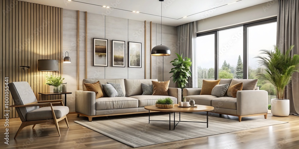 Explore a serene modern minimalist living room featuring neutral colors and stylish furniture, creating a harmonious Explore a serene modern minimalist living room featuring neutral colors and stylish furniture, creating a harmonious