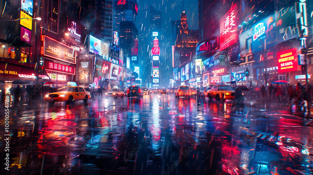 Bustling City Street at Night with Neon Lights and Motion Blur Bustling City Street at Night with Neon Lights and Motion Blur