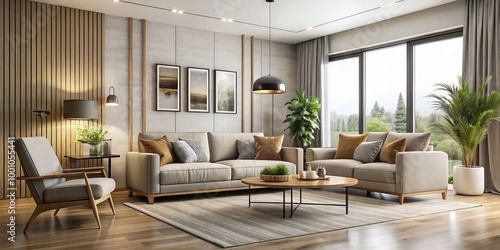 Explore a serene modern minimalist living room featuring neutral colors and stylish furniture, creating a harmonious