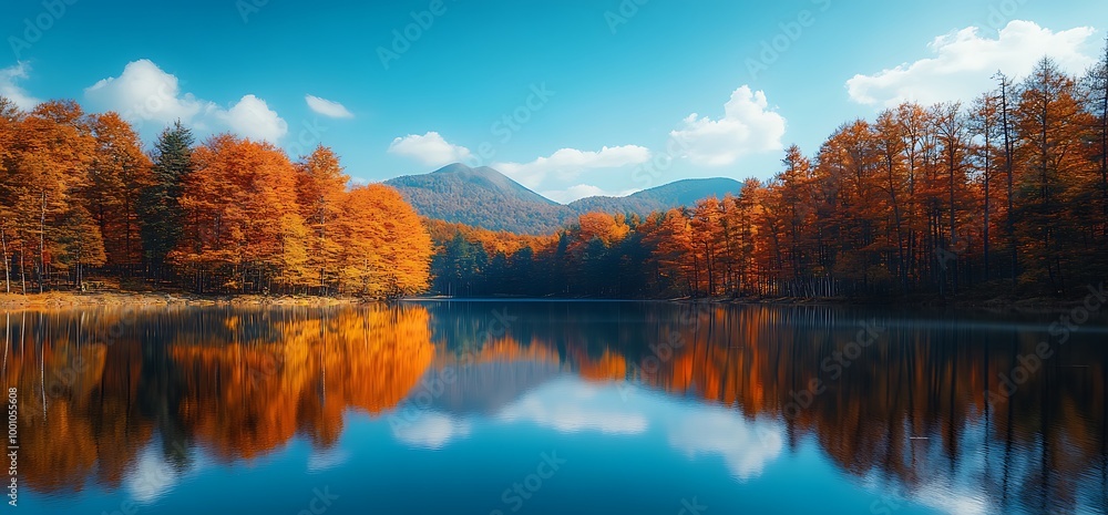 Naklejka premium Tranquil lake reflecting vibrant autumn foliage and blue sky.