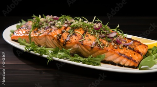 fresh from the grill, a sumptuous serving of grilled salmon garnished with dill and microgreens