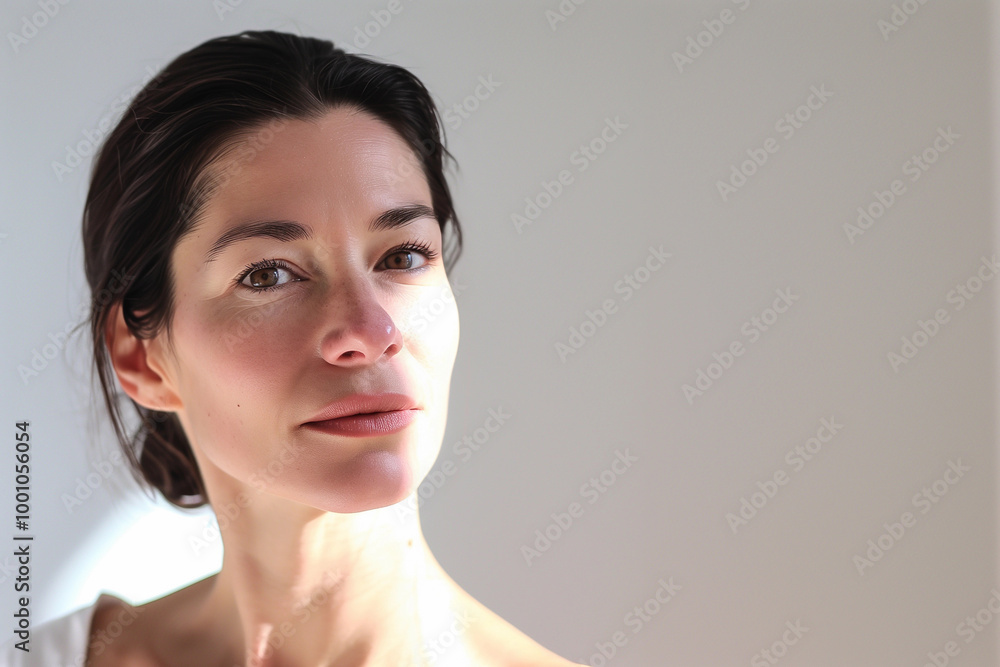 Natural beauty mature woman soft light radiant skin graceful aging minimal elegant wellness self-care confidence banner copy space background sad eyes brunette hair pale skin Natural beauty mature woman soft light radiant skin graceful aging minimal elegant wellness self-care confidence banner copy space background sad eyes brunette hair pale skin