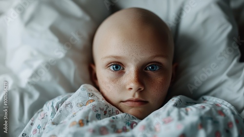 A peaceful young girl, bald and clad in a hospital gown, rests on a soft white pillow, her blue eyes shining with quiet resilience and strength. photo