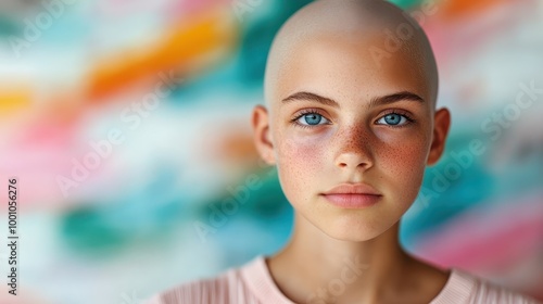 A young girl with a bald head and freckles poses in front of a vibrant and colorful background, displaying a serene and gentle demeanor.