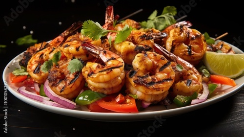 a delicious serving of grilled shrimp skewers that are marinated with herbs and spices and grilled to perfection