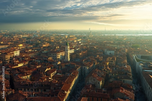 Aerial view of a historic european city skyline at sunset