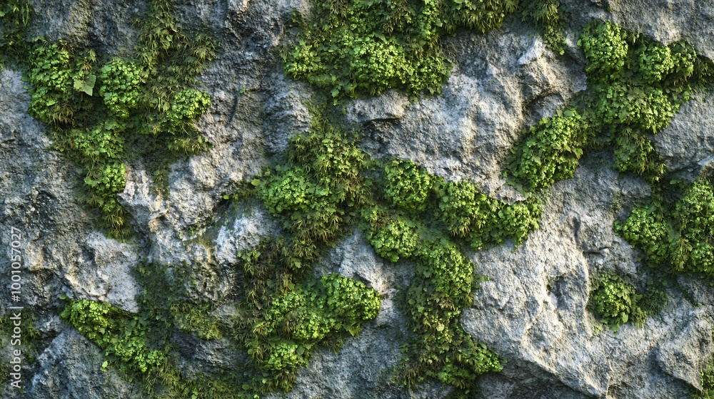 Green moss and lichen growing on a rough grey rock surface. Green moss and lichen growing on a rough grey rock surface.