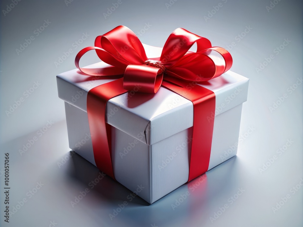 Obraz premium Elegant White Gift Box with a Red Ribbon Perfect for Christmas Holiday Present and Celebration