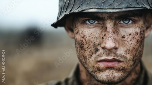 Determined Soldier, mud-covered face, intense gaze, steel helmet, battlefield backdrop.