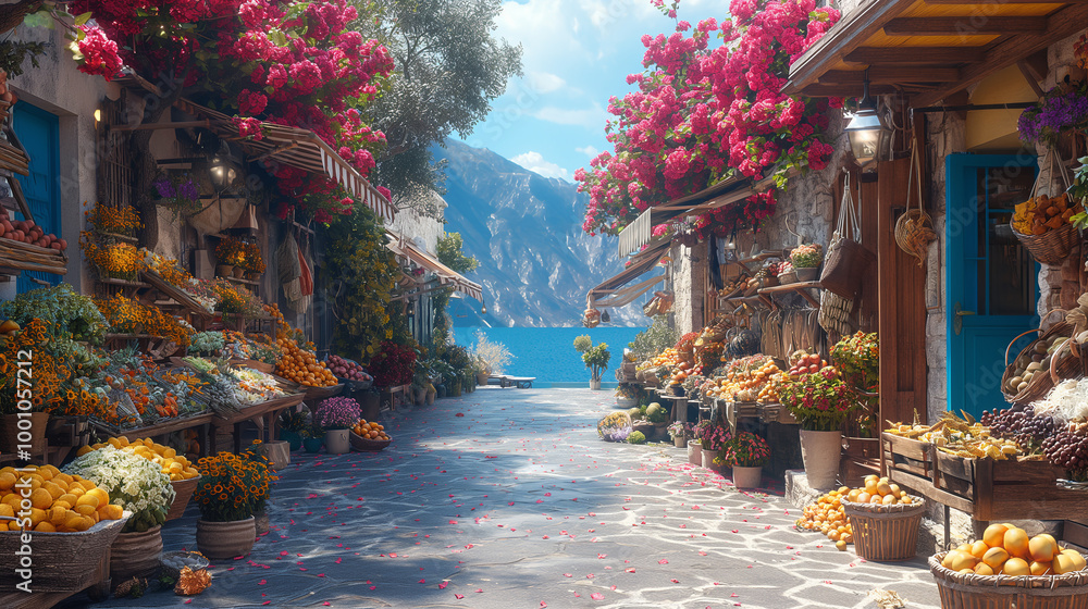 Naklejka premium Vibrant Greek Street Market with Fresh Produce, Flowers, and Handmade Crafts