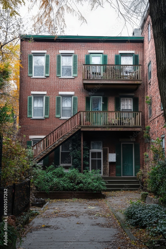 Fototapeta premium Cozy brick apartment building with balconies in autumn