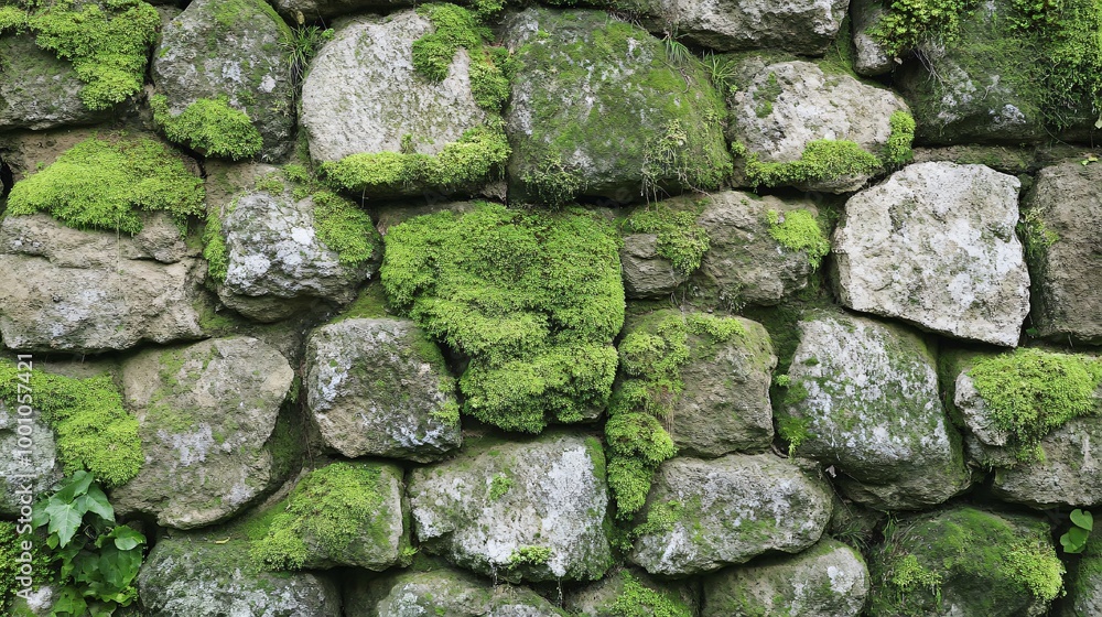 Green moss covering rough stone wall. Green moss covering rough stone wall.