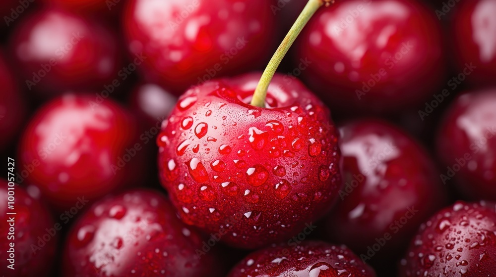 This vibrant image shows a close-up view of fresh cherries with water droplets, highlighting their rich red color and juicy texture, perfect for fresh and healthy imagery. This vibrant image shows a close-up view of fresh cherries with water droplets, highlighting their rich red color and juicy texture, perfect for fresh and healthy imagery.