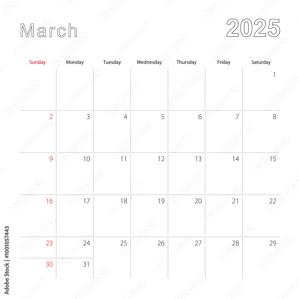 Simple wall calendar for March 2025 with dotted lines. The calendar is in English, week start from Sunday. Simple wall calendar for March 2025 with dotted lines. The calendar is in English, week start from Sunday.