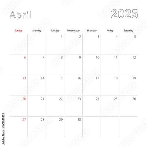 Simple wall calendar for April 2025 with dotted lines. The calendar is in English, week start from Sunday.