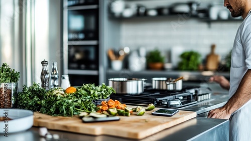 A chef in a modern kitchen preparing a healthy meal with fresh vegetables, focusing on the culinary process and the artistry involved in creating a nutritious dish.