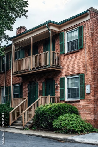 Cozy brick apartment building with balconies and greenery