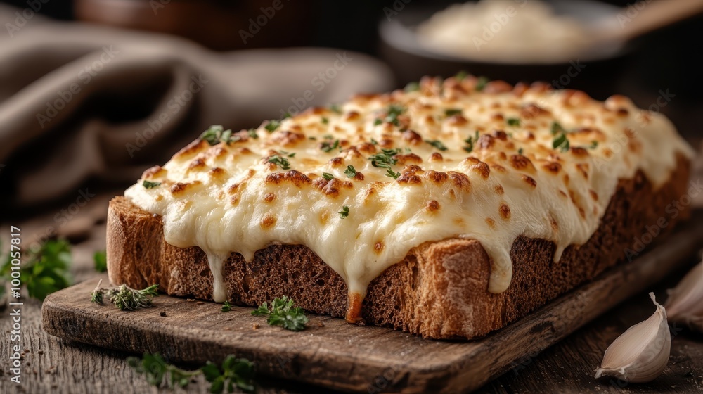 A delightful thick slice of toast topped with perfectly melted golden-brown cheese, garnished with fresh herbs, all presented on a rustic wooden board. A delightful thick slice of toast topped with perfectly melted golden-brown cheese, garnished with fresh herbs, all presented on a rustic wooden board.