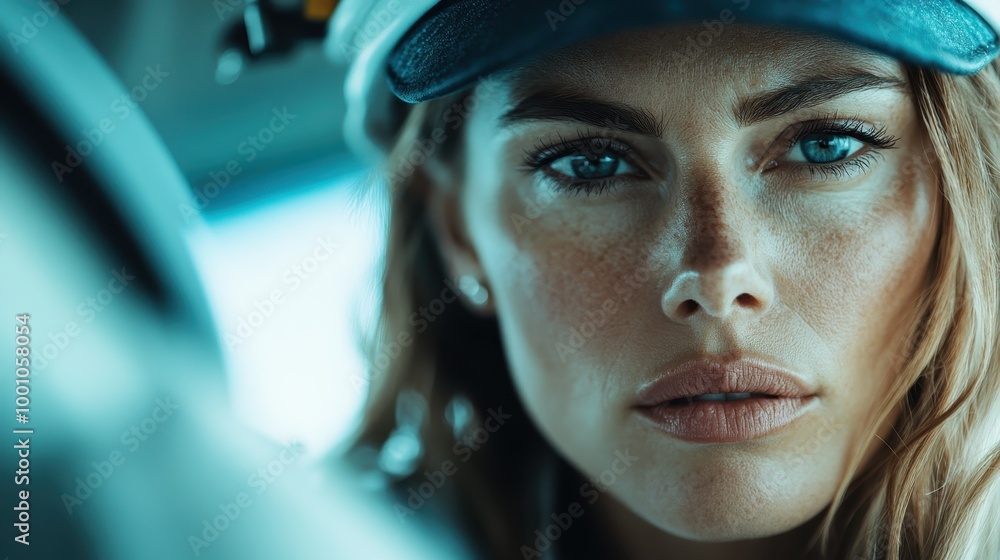A determined woman with striking blue eyes looks intently at the camera, her fierce expression underlined by the shadows of a cap, embodying resilience in focus. A determined woman with striking blue eyes looks intently at the camera, her fierce expression underlined by the shadows of a cap, embodying resilience in focus.
