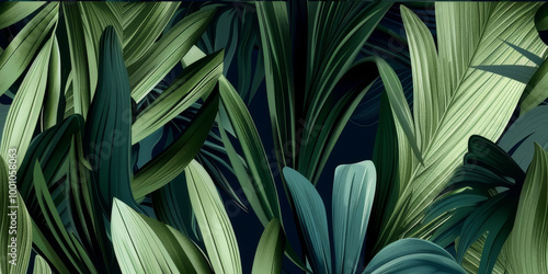 Wallpaper Mural Close-up of tropical green leaves with detailed textures and overlapping layers, forming a dense and lush pattern. Torontodigital.ca