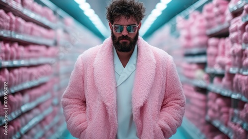 A person wearing a pink coat stands confidently in a store aisle, surrounded by shelves lined with pink-colored merchandise, creating a visually striking scene. photo